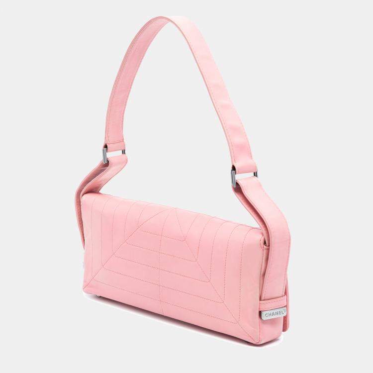 Pre Owned Chanel Pink Stitched Lambskin Logo Flap