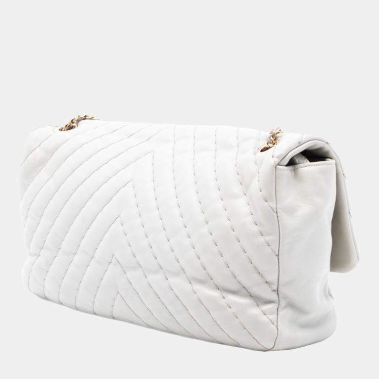 Pre Owned Chanel White Jumbo Chevron Calfskin Surpique Flap