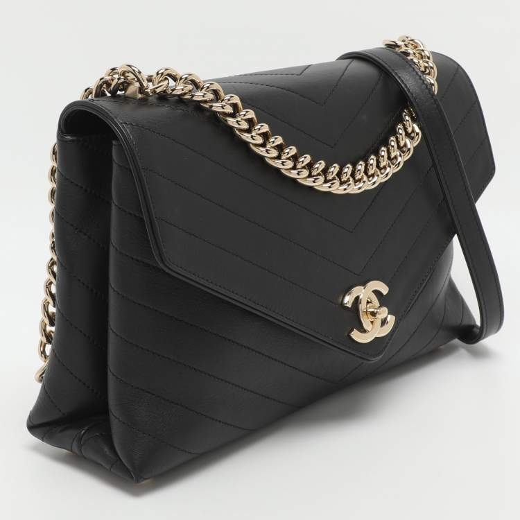 Pre Owned Chanel Coco Envelope Black Chevron Leather Flap Bag