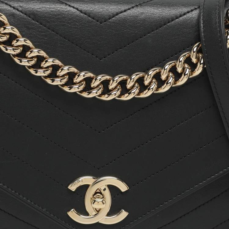 Pre Owned Chanel Coco Envelope Black Chevron Leather Flap Bag