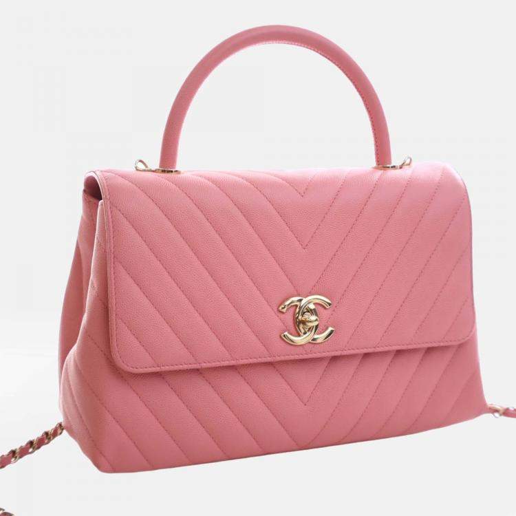 Pre Owned Chanel Pink Small Caviar Chevron Coco Top Handle Bag