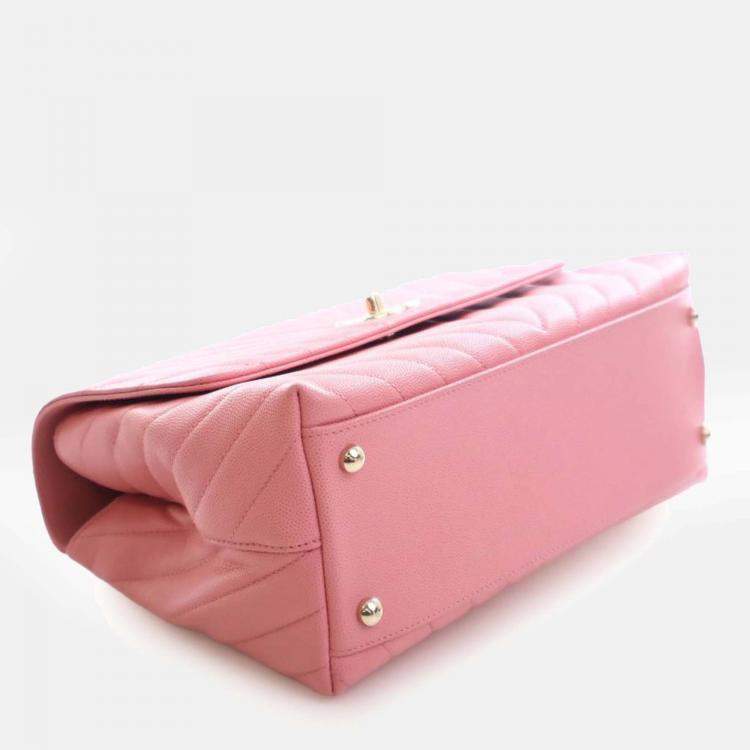 Pre Owned Chanel Pink Small Caviar Chevron Coco Top Handle Bag