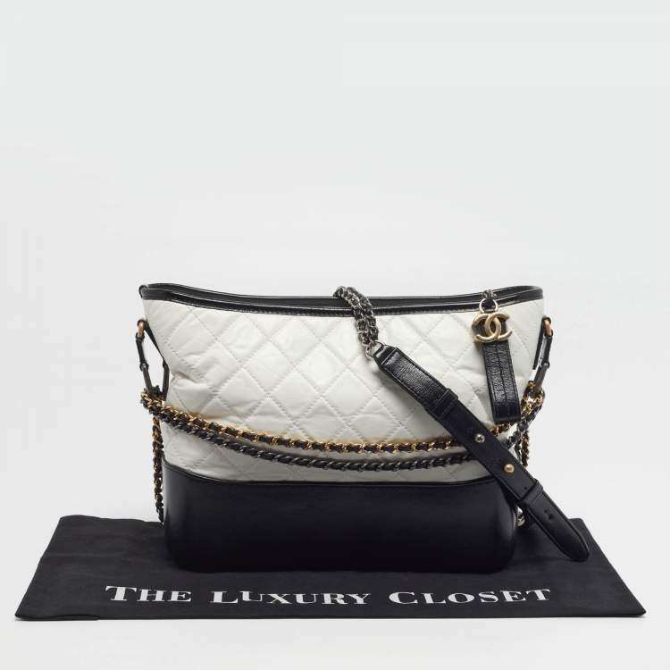 Pre Owned Chanel Gabrielle Medium White/Black Quilted Aged Leather Hobo