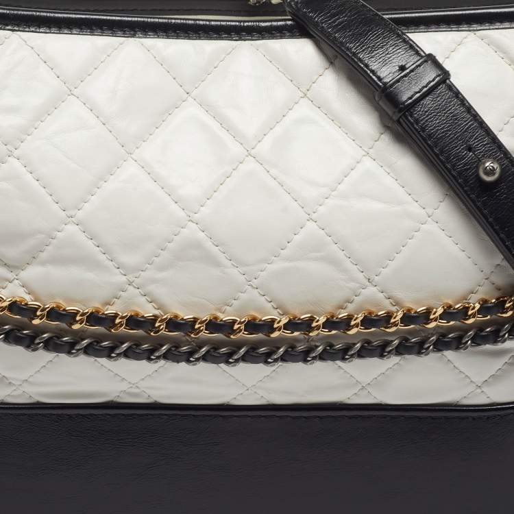 Pre Owned Chanel Gabrielle Medium White/Black Quilted Aged Leather Hobo