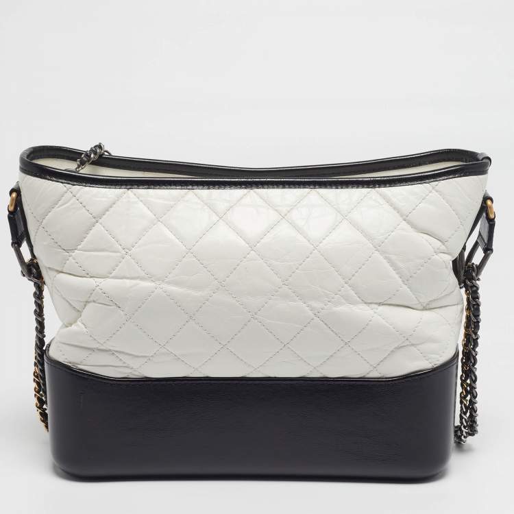 Pre Owned Chanel Gabrielle Medium White/Black Quilted Aged Leather Hobo