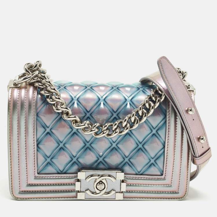 Pre Owned Chanel Boy Small Purple Iridescent Quilted Patent Leather and PVC Flap Bag