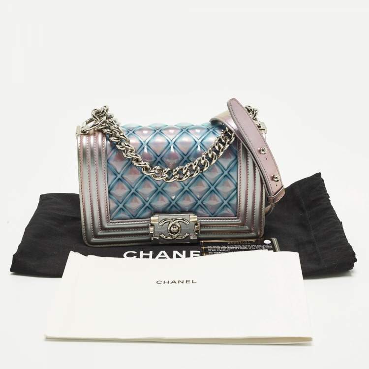 Pre Owned Chanel Boy Small Purple Iridescent Quilted Patent Leather and PVC Flap Bag