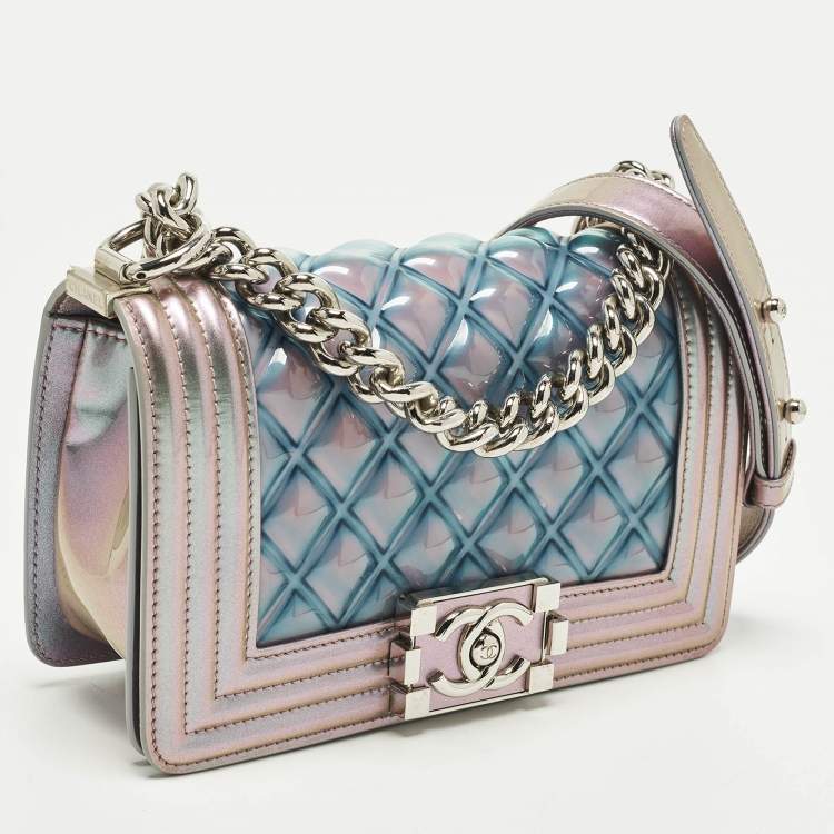 Pre Owned Chanel Boy Small Purple Iridescent Quilted Patent Leather and PVC Flap Bag