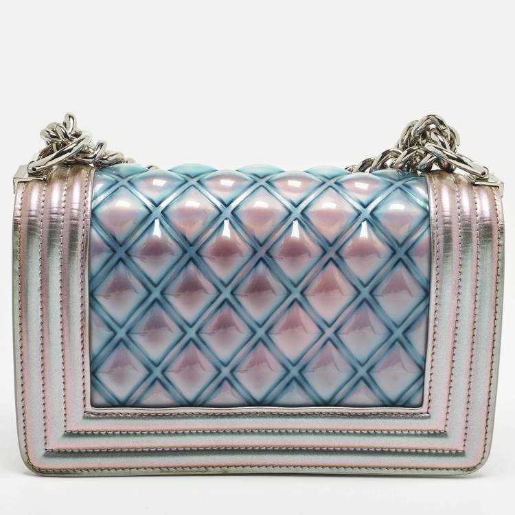 Pre Owned Chanel Boy Small Purple Iridescent Quilted Patent Leather and PVC Flap Bag