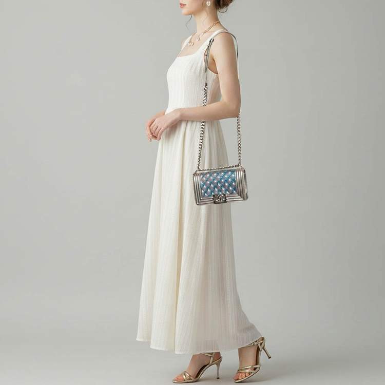 Pre Owned Chanel Boy Small Purple Iridescent Quilted Patent Leather and PVC Flap Bag