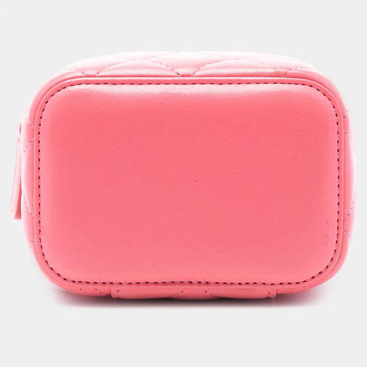 Pre Owned Chanel Pink Mini Quilted Lambskin Top Handle Vanity Case With Chain