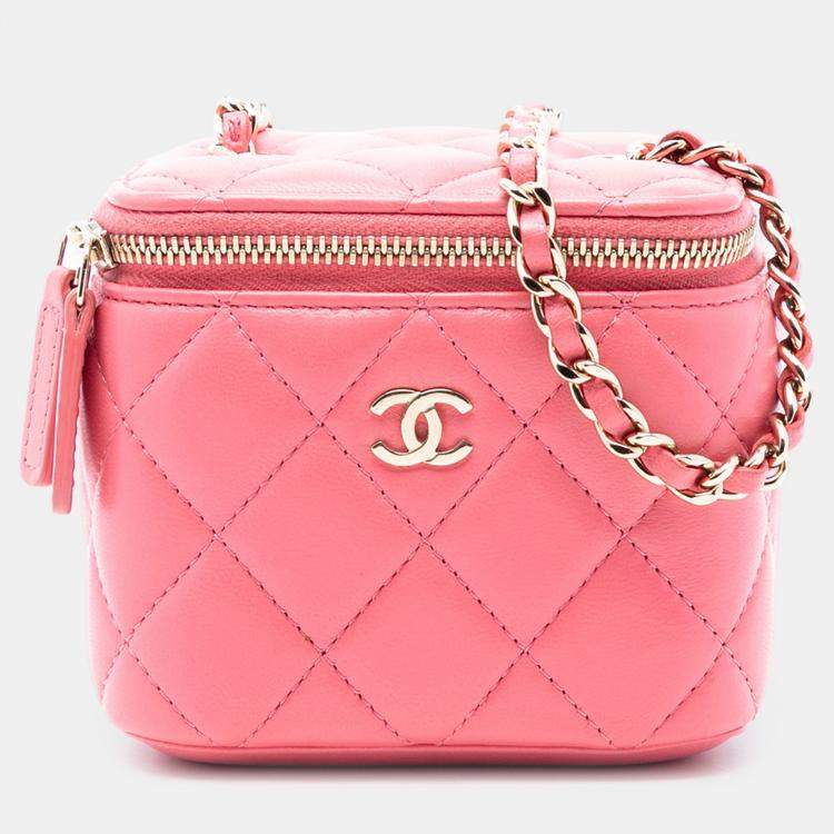 Pre Owned Chanel Pink Mini Quilted Lambskin Top Handle Vanity Case With Chain
