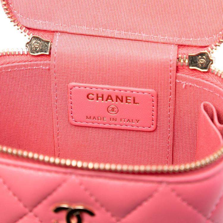 Pre Owned Chanel Pink Mini Quilted Lambskin Top Handle Vanity Case With Chain