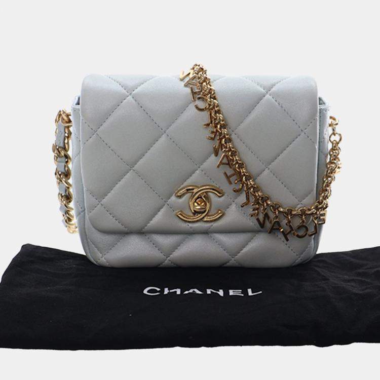 Pre Owned Chanel Blue Mini CC Quilted Lambskin Logo Chain Flap