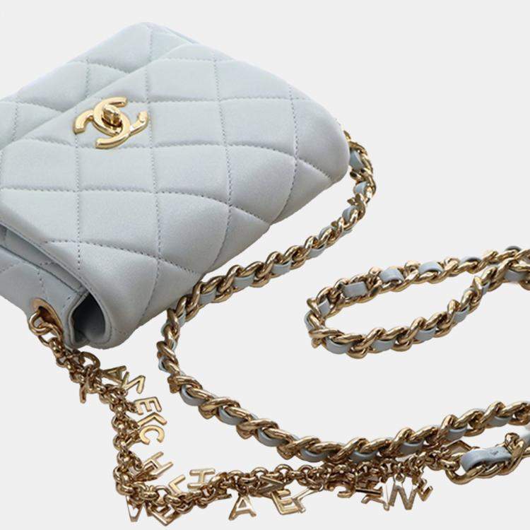 Pre Owned Chanel Blue Mini CC Quilted Lambskin Logo Chain Flap
