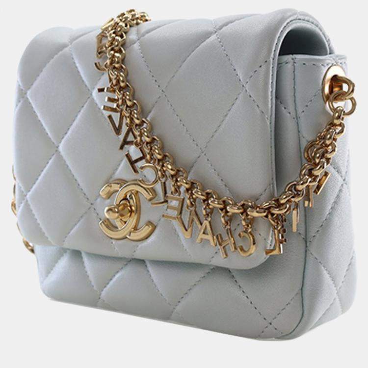 Pre Owned Chanel Blue Mini CC Quilted Lambskin Logo Chain Flap