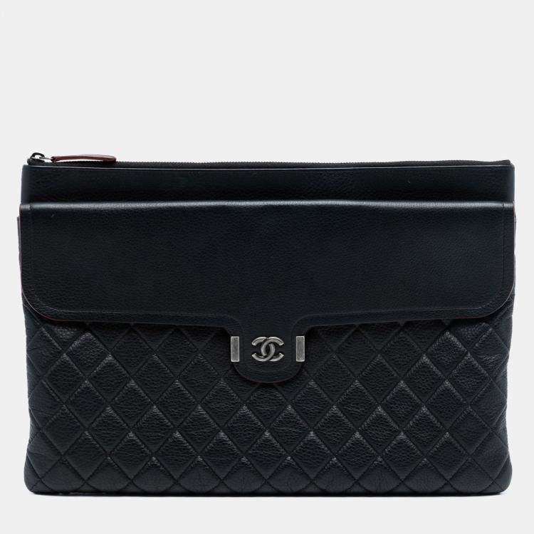 Pre Owned Chanel Black Large Quilted Grained Calfskin Archi Chic Cosmetic Case