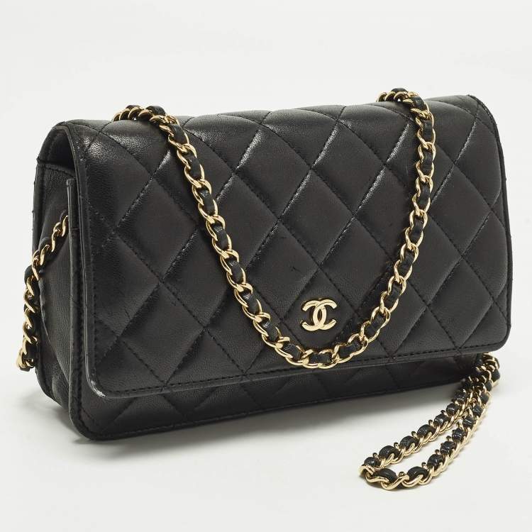 Pre Owned Chanel Classic CC Quilted Black Leather Wallet On Chain