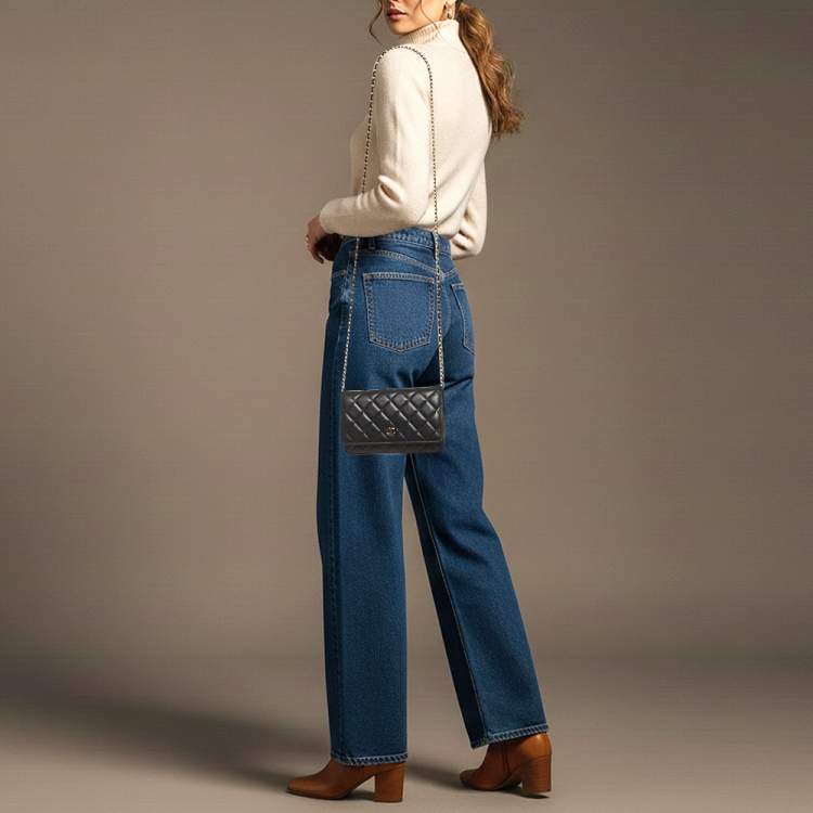 Pre Owned Chanel Classic CC Quilted Black Leather Wallet On Chain