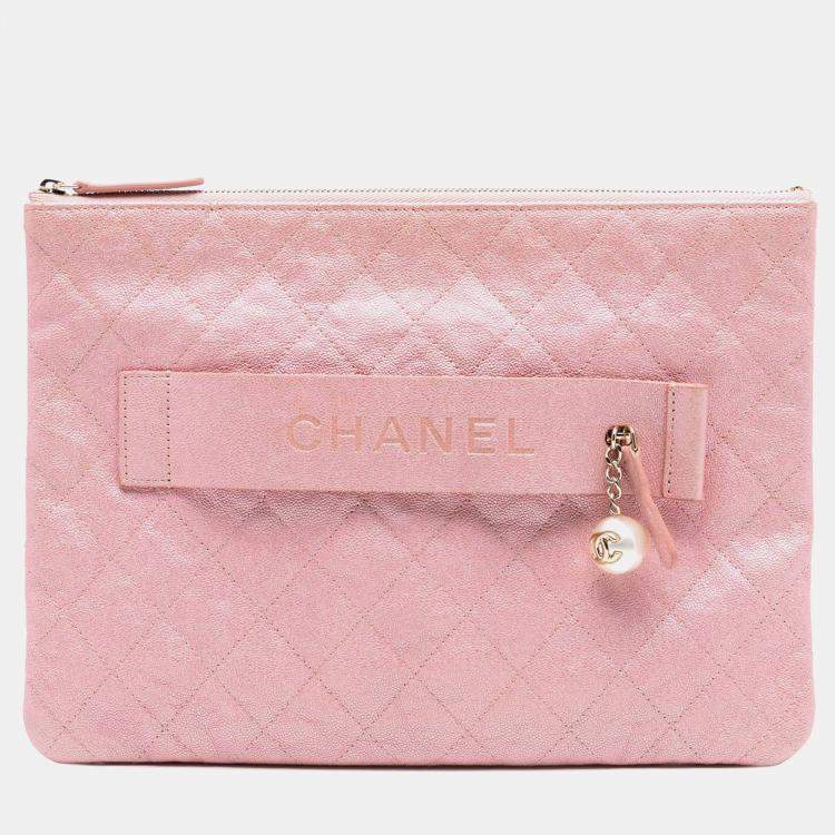 Pre Owned Chanel Pink Large Quilted Iridescent Caviar Night by the C O Case Clutch