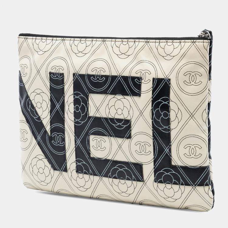 Pre Owned Chanel Black Coated Canvas Camellia Logo Wristlet Clutch