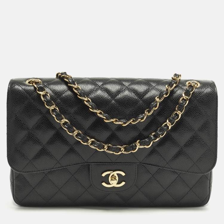 Pre Owned Chanel Classic Double Flap Jumbo Black Quilted Caviar Leather Bag