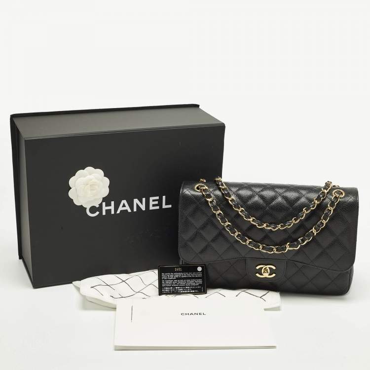Pre Owned Chanel Classic Double Flap Jumbo Black Quilted Caviar Leather Bag