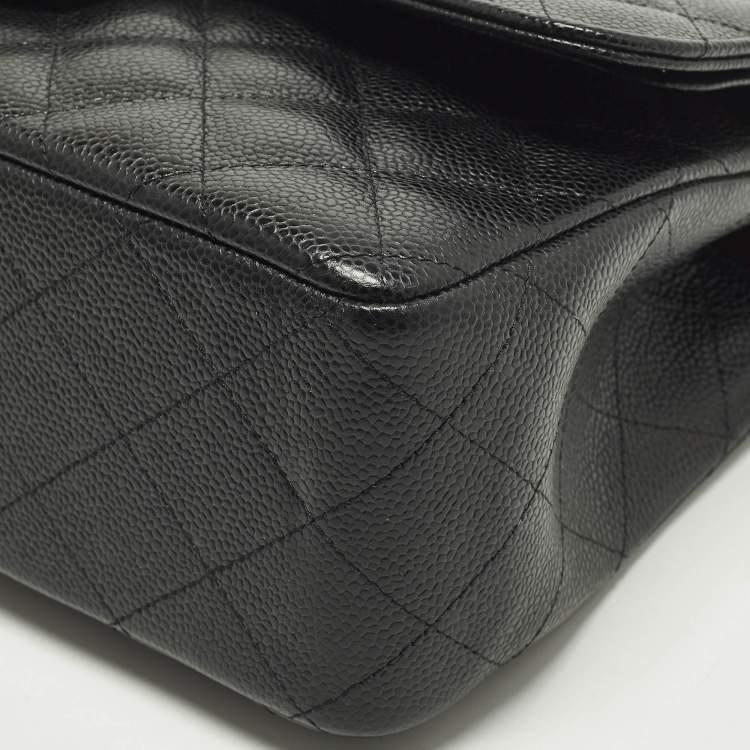 Pre Owned Chanel Classic Double Flap Jumbo Black Quilted Caviar Leather Bag