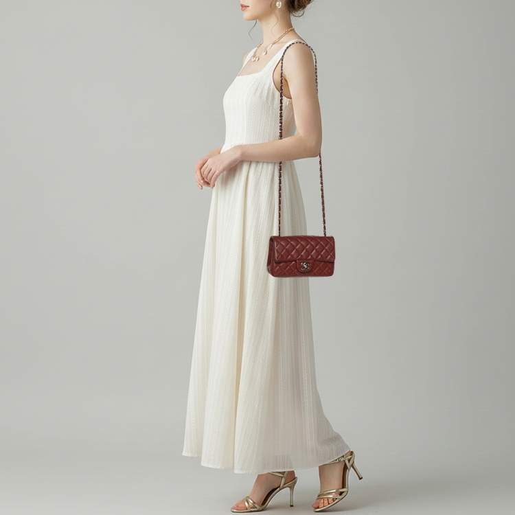 Pre Owned Chanel Classic Mini Red Quilted Leather Rectangle Single Flap Bag