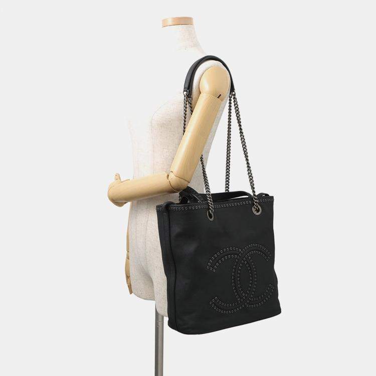 Pre Owned Chanel Cc Logo Cava 2-Way Tote Bag Black Leather