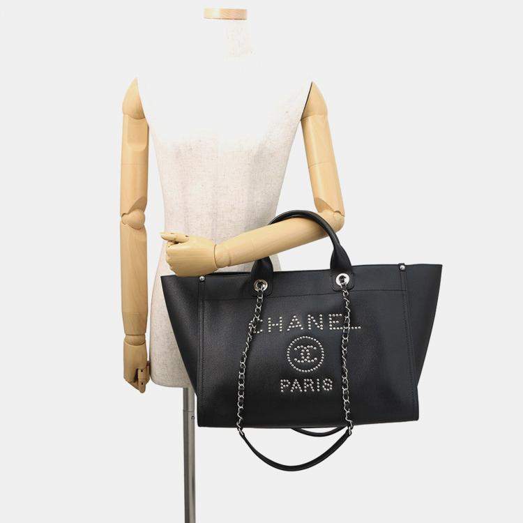 Pre Owned Chanel Deauville Studded Black Caviar Leather 2Way Chain Tote 
