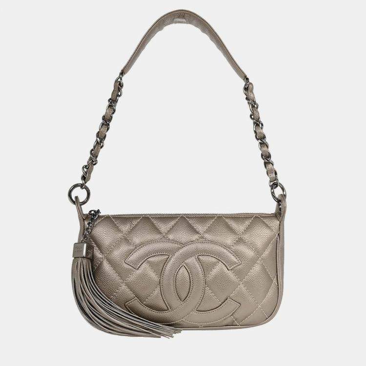 Pre Owned Chanel Silver Calfskin Fringe Handbag