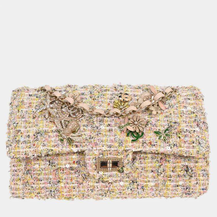 Pre Owned Chanel Light Pink Tweed 2.55 Medium Classic Double Flap Shoulder Bag