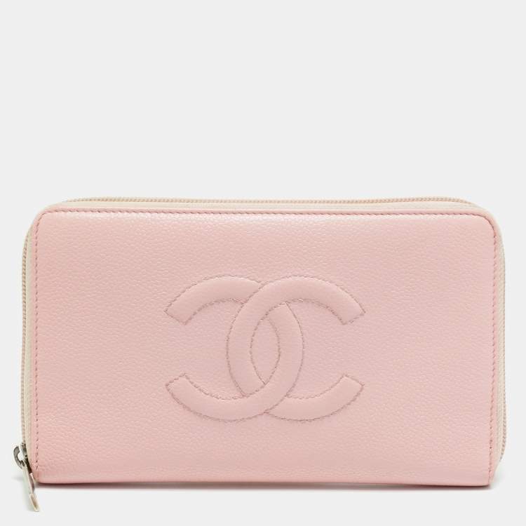 Pre Owned Chanel CC Timeless Light Pink Leather Zip Around Wallet