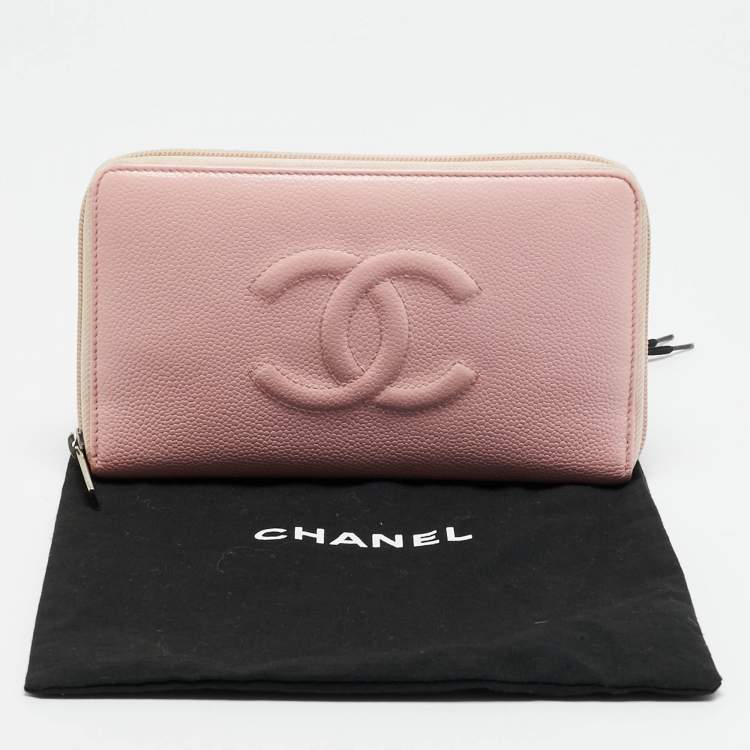 Pre Owned Chanel CC Timeless Light Pink Leather Zip Around Wallet