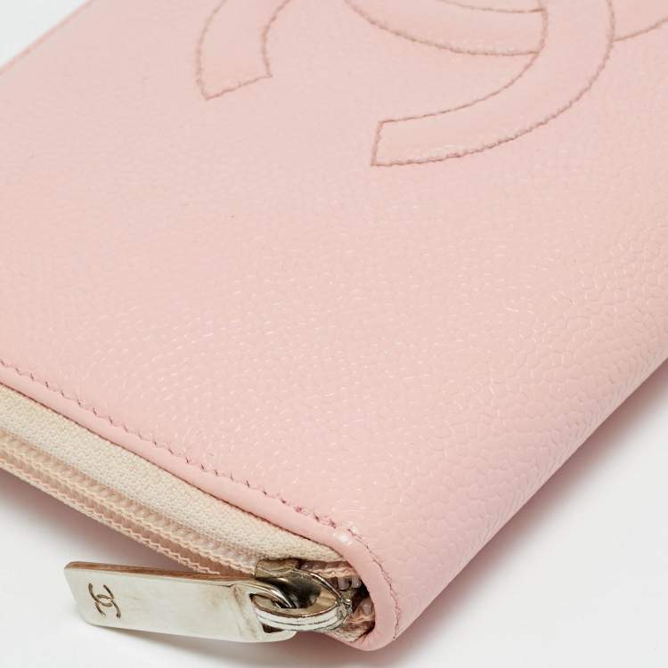 Pre Owned Chanel CC Timeless Light Pink Leather Zip Around Wallet