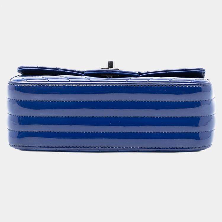Pre Owned Chanel Blue Mini Rectangular Classic Chevron Patent Single Flap
