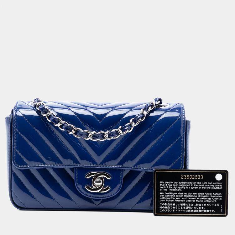 Pre Owned Chanel Blue Mini Rectangular Classic Chevron Patent Single Flap