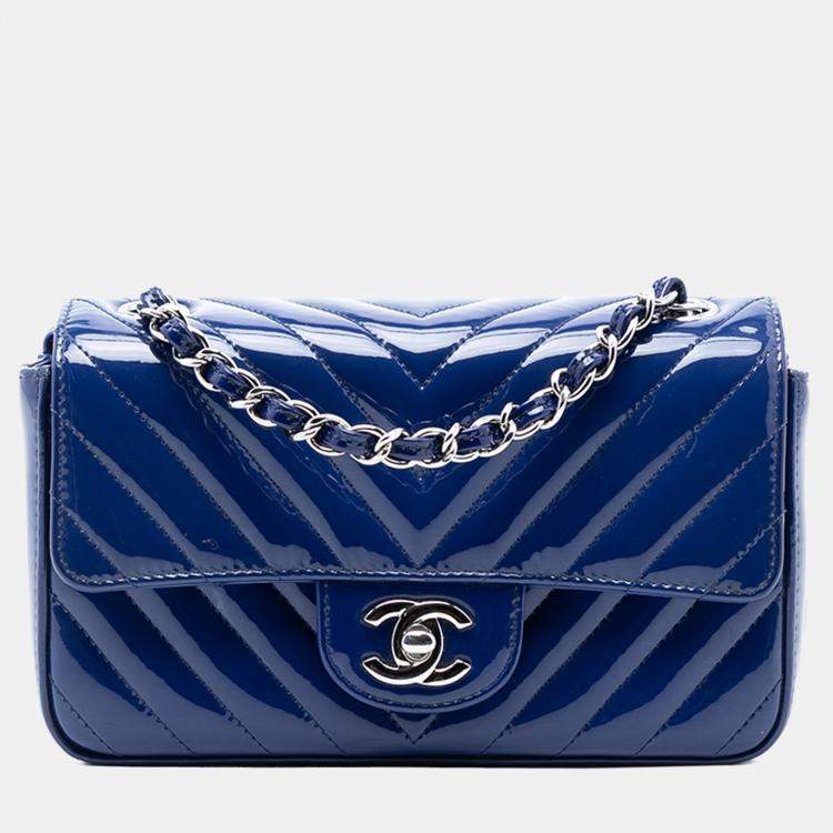 Pre Owned Chanel Blue Mini Rectangular Classic Chevron Patent Single Flap