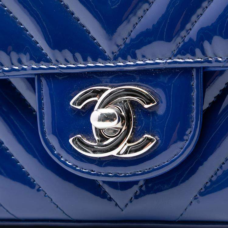 Pre Owned Chanel Blue Mini Rectangular Classic Chevron Patent Single Flap