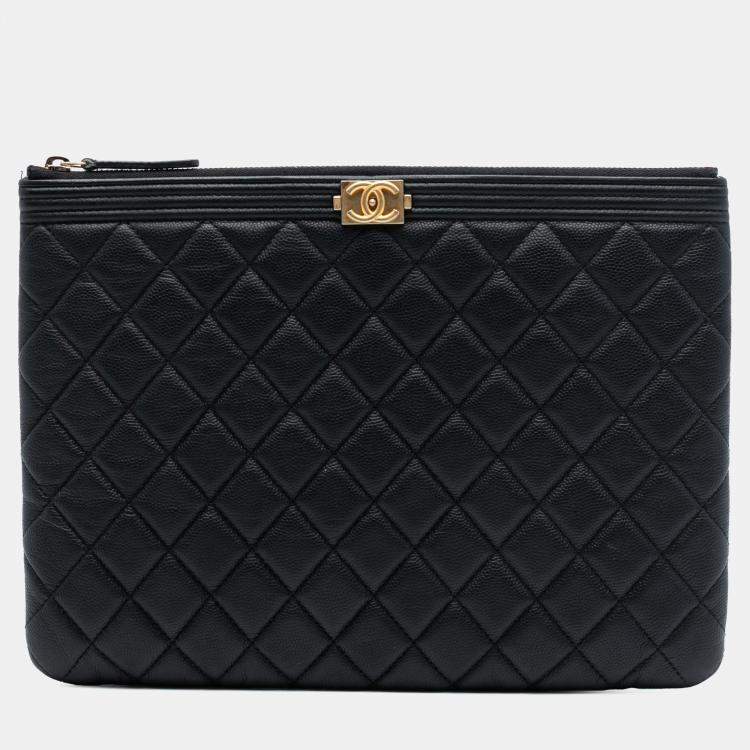 Pre Owned Chanel Black Medium Quilted Caviar Boy O Case Clutch