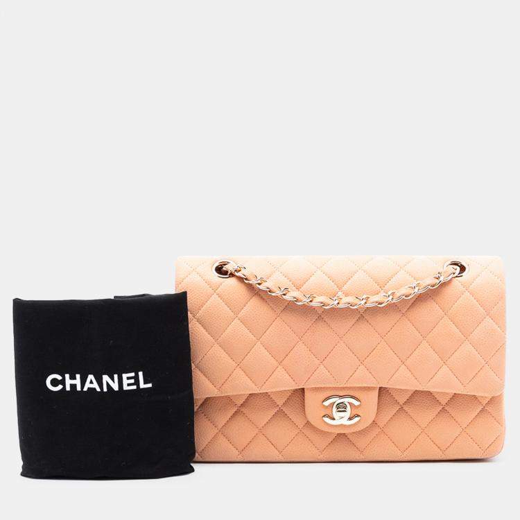 Pre Owned Chanel Orange Medium Classic Caviar Double Flap
