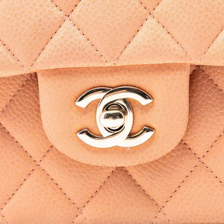 Pre Owned Chanel Orange Medium Classic Caviar Double Flap