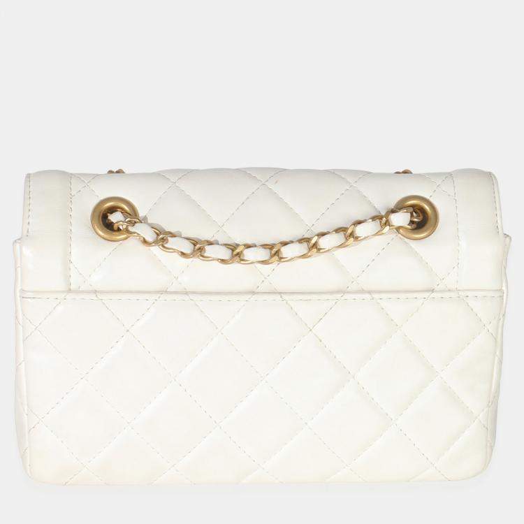 Pre Owned Chanel White Quilted Lambskin Small CC Flap Bag