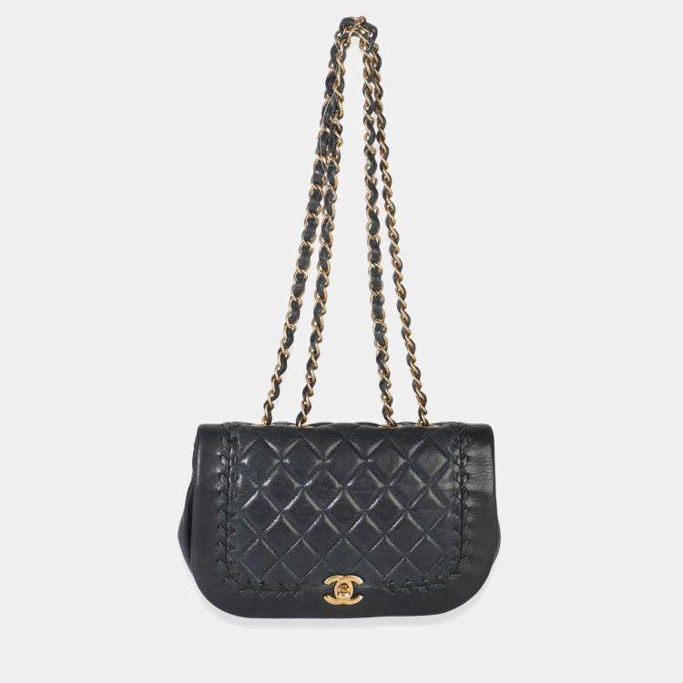 Pre Owned Chanel Black Quilted Lambskin CC Braided Saddle Flap Bag