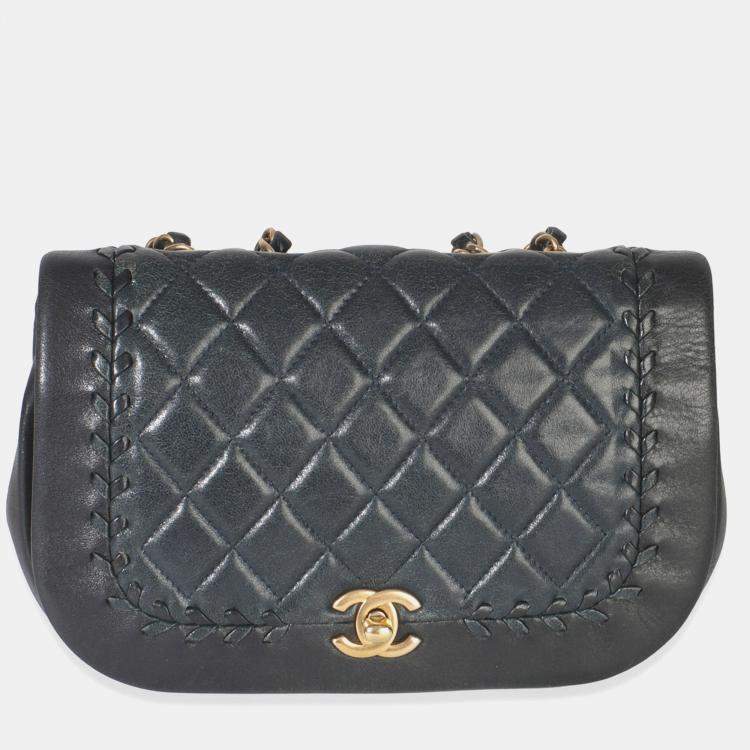 Pre Owned Chanel Black Quilted Lambskin CC Braided Saddle Flap Bag