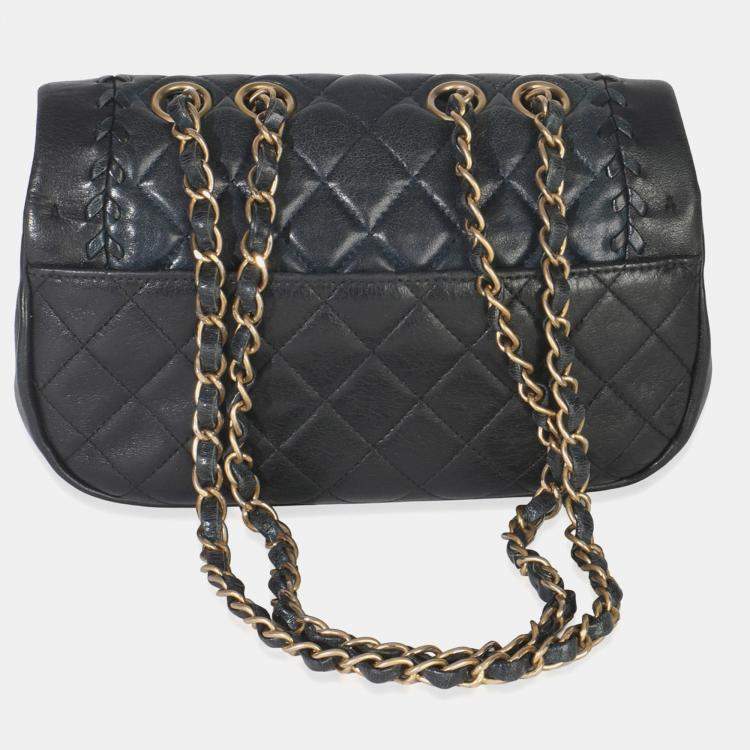 Pre Owned Chanel Black Quilted Lambskin CC Braided Saddle Flap Bag