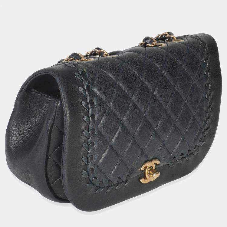 Pre Owned Chanel Black Quilted Lambskin CC Braided Saddle Flap Bag
