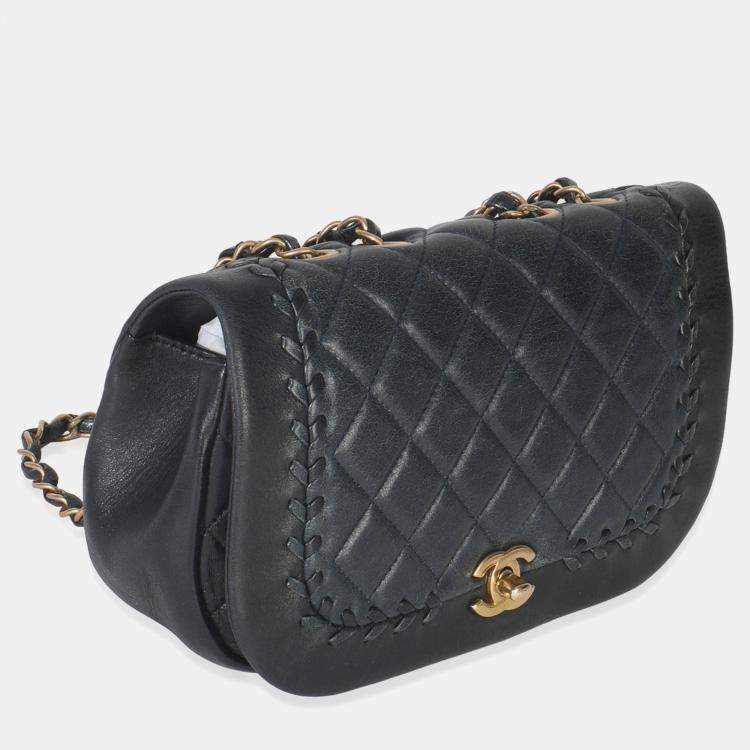 Pre Owned Chanel Black Quilted Lambskin CC Braided Saddle Flap Bag