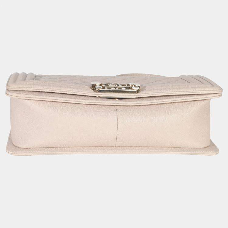 Pre Owned Chanel Beige Quilted Caviar Medium Boy Bag